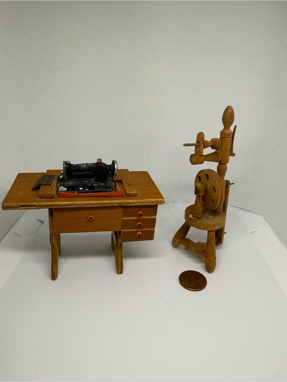 Vintage Miniature Wooden Sewing Machine Desk & Spinning Wheel Set - Brown Handmd